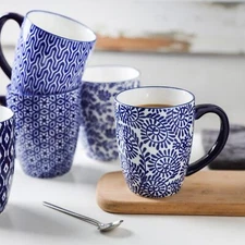 16 oz Ceramic Coffee Mug Set, 6 Piece, Vintage Blue