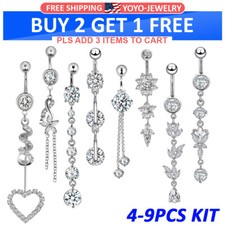 4-9PCS Crystal Dangle Belly Button Rings Surgical Steel Navel Ring Barbell 14G