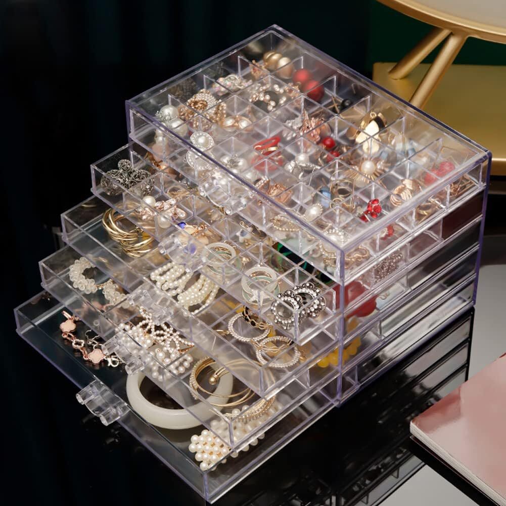 Acrylic Jewelry Box Earring Storage 5 Drawers Clear Transparent Jewelry...