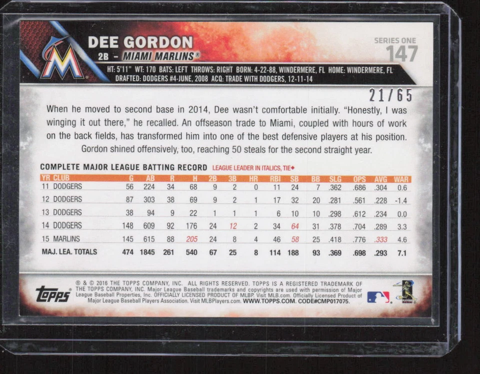 2016 Topps #147 Dee Gordon Black /65 - Image 2 of 2