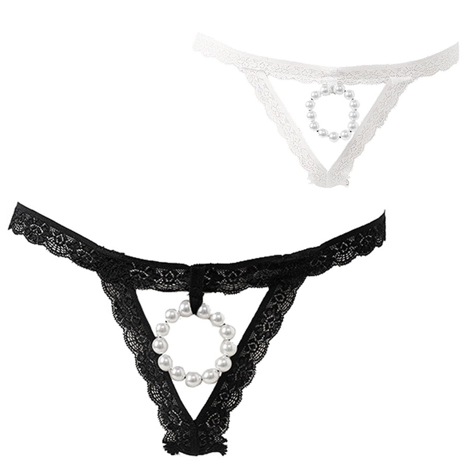 1pc Sexy Lingerie Set With Pearl Decor, Open Crotch Thongs, And Bralette