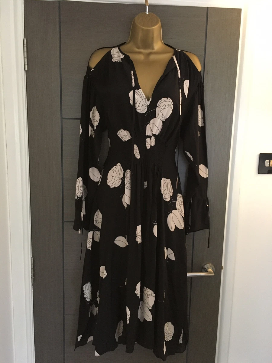 ALL SAINTS Lavete Rodin 100 Silk Cold Shoulder Black Ivory Midi