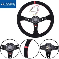 Universal Steering Wheel 345mm Suede Leather Stitch Deep Dish Sport Racing Car