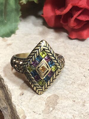 Vintage HEIDI DAUS Brass tone Rombus Colorful Rhinestone Ring