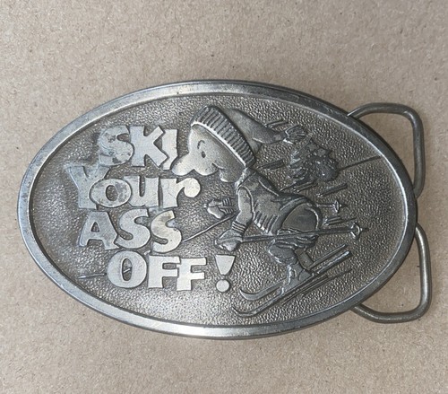 Captain Hawks Sky Patrol Novelty Co Ski Ur Ass Off Pewter Belt Buckle 1978 USA 2 - Picture 1 of 5