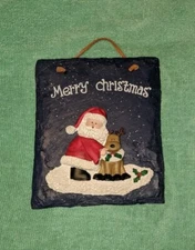 Merry Christmas Santa Claus & Reindeer Slate Sign/Plaque. Pre-owned 6" x  5.5"  