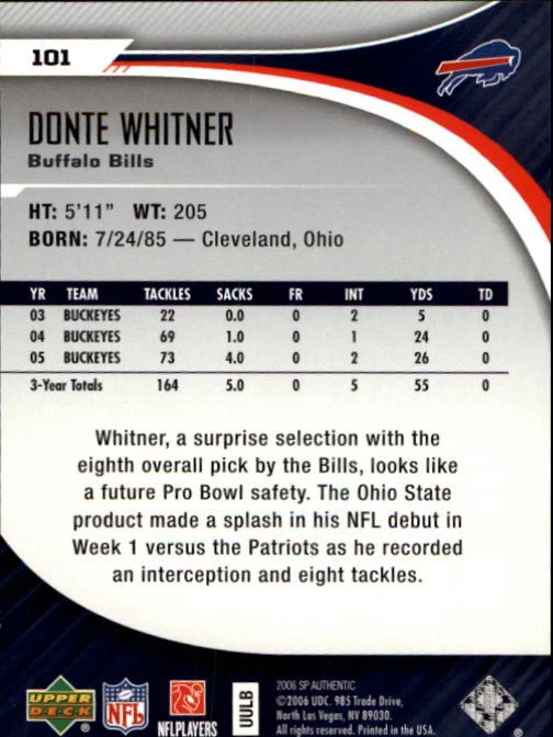 A7893- 2006 SP Authentic #101 Donte Whitner RC /750 - Image 2 of 2