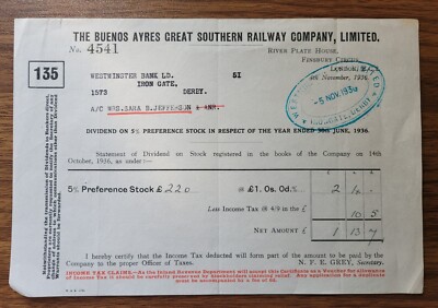1936 Buenos Ayres Great Southern Railway Co. Vorzugsaktiendividende