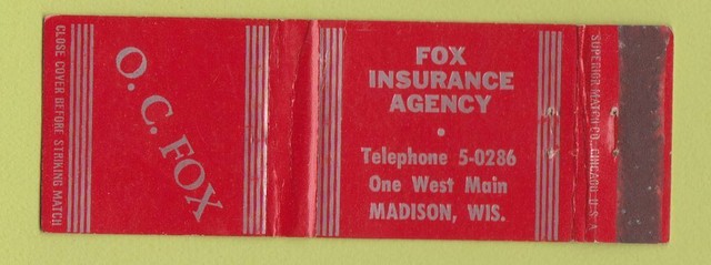 Matchbook Cover Fox Insurance Agency Madison WI WEAR eBay