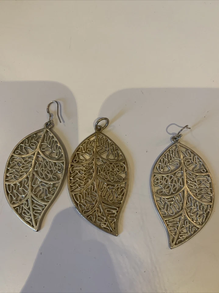 Parure Bijoux Boucles D’oreille Argent 925 Pendentif Feuille 6x3 cm - Photo 2/3