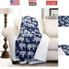 Navy Elephant Parade Throw Fuzzy Reversible Sherpa Blanket 60  x 50 White