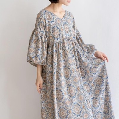 Boho Blue Tile Medallion Print V-Neck Puff Sleeve Maxi Dress Oversized L/XL