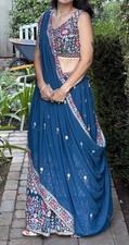 Handmade Women s Blue Embroidered Corset Lehenga w/ Matching Dupatta