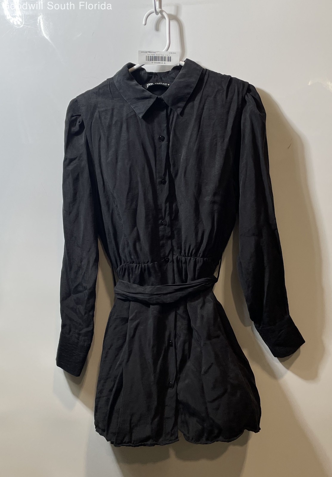 Zara Womens Black Long Sleeve Regular Fit Belted Short Shirt Dress Size S