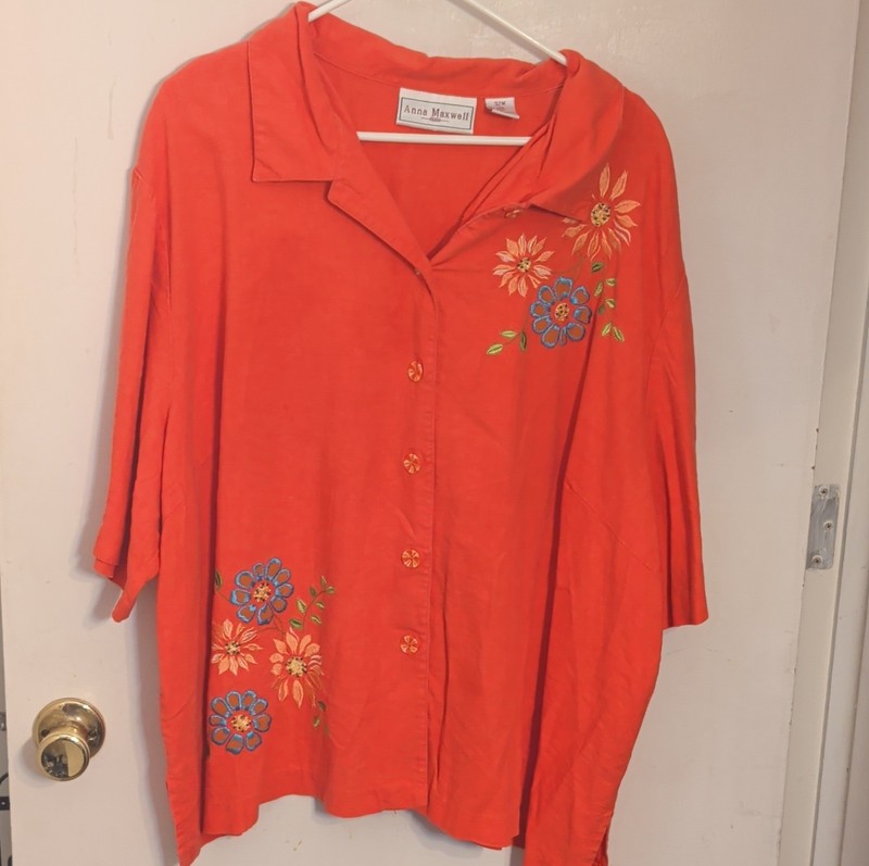 vintage Anna Maxwell Plus 32W Women's coral Floral Embroidered 3/4 Sleeve Blouse