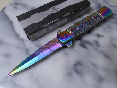 Snake Eye Assisted Open Vibrant Skulls Pocket Knife Folding Dagger SE-1022RB New
