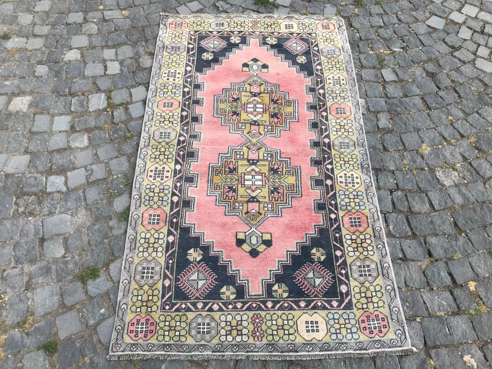 Bohemian Area Rug Handmade Wool Rug Turkish Vintage Traditional Rug 3,7 x 6,6 ft - Image 3 of 4
