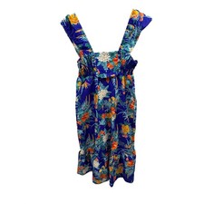 Vintage Liberty House of Hawaii Blue Floral Tropical Ruffle Satin Midi Sundress