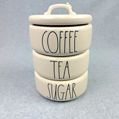 #ad Rae Dunn quot;COFFEE TEA SUGARquot; Ceramic Stacking Canister Set Lid Farmhouse Cottage $28.88