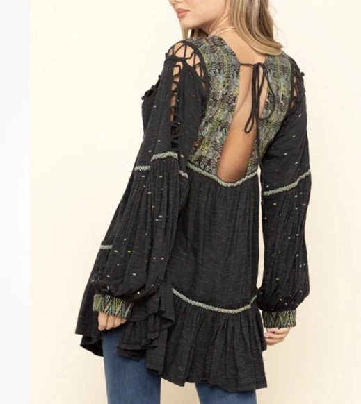 ¡Nuevo top túnica negra intrincadamente bordada Free People mujer XL!!! Foto 2 de 4