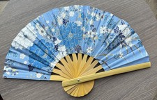 Fan Thai Folding Blue Flowers Hand Bamboo Thailand Decor                         19