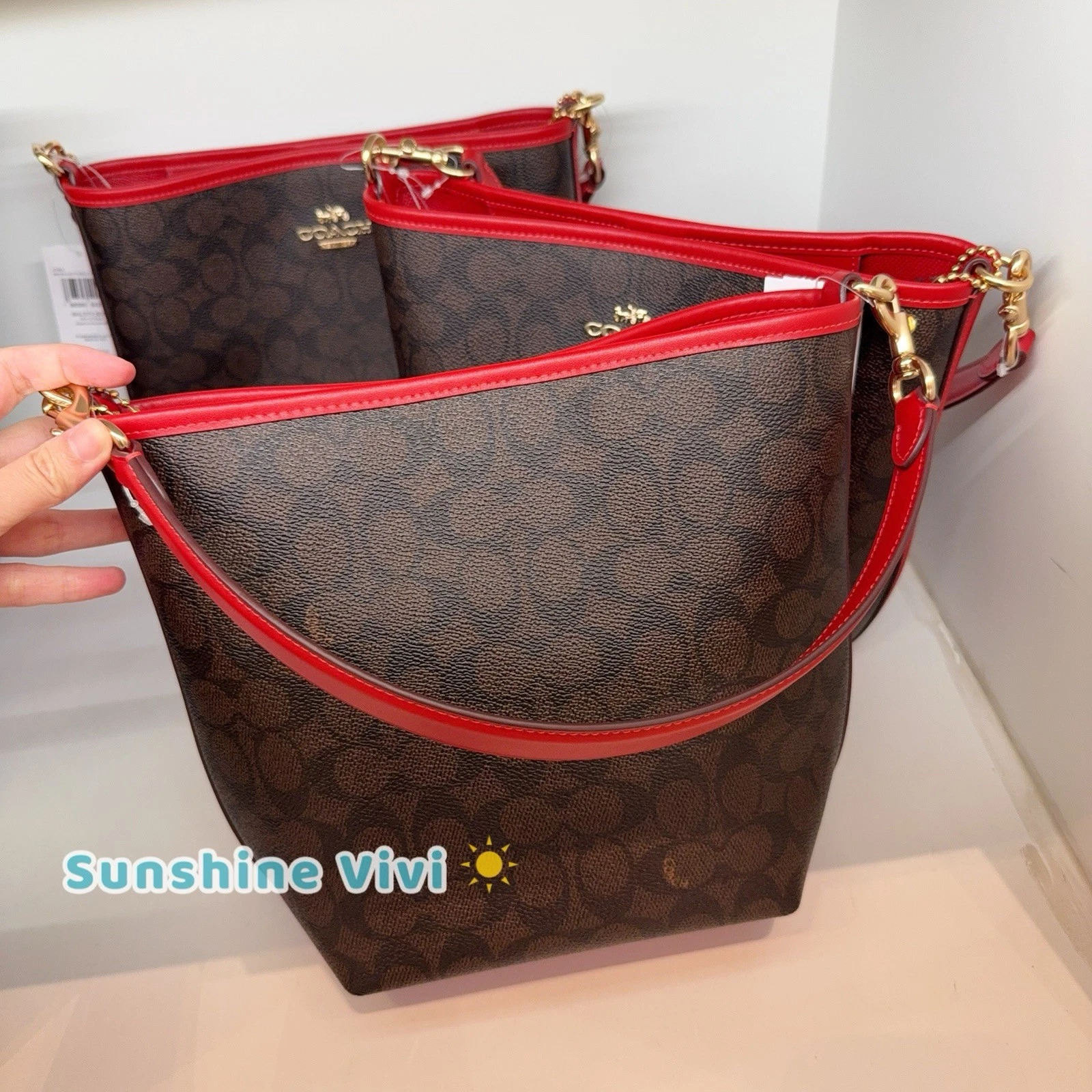 Borsa a secchiello Coach City nuova con etichetta in tela firmata CT800 oro noce rosso audace