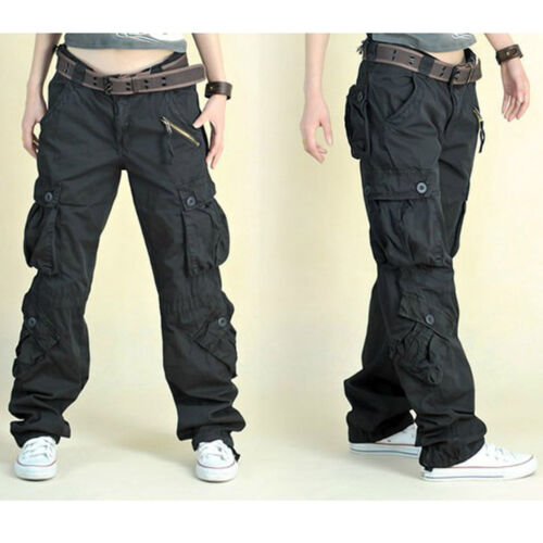 Women's Cargo Hip Hop Trousers Pants Loose Outdoor Military Pocket Retro Black - Picture 1 of 19