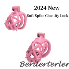 New Pink Male Chastity cage with Double Headed Soft Spikes Breathable CB Lock