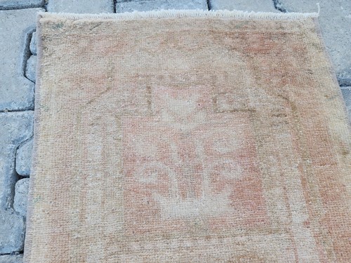 Mini Turkish Rug, 1.5x3.4 ft, Faded Beige and Peach, Prayer Wool Runner - Picture 7 of 9