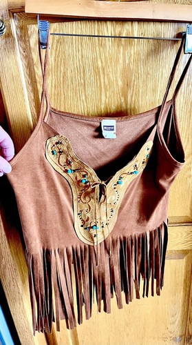 Suede Fringe Top W Spaghetti Straps Vintage Sz 8, L With Turquoise Beads - Picture 5 of 5