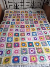 Handmade Crochet Daisy Granny Square Blanket/ Throw. 69" by 58".