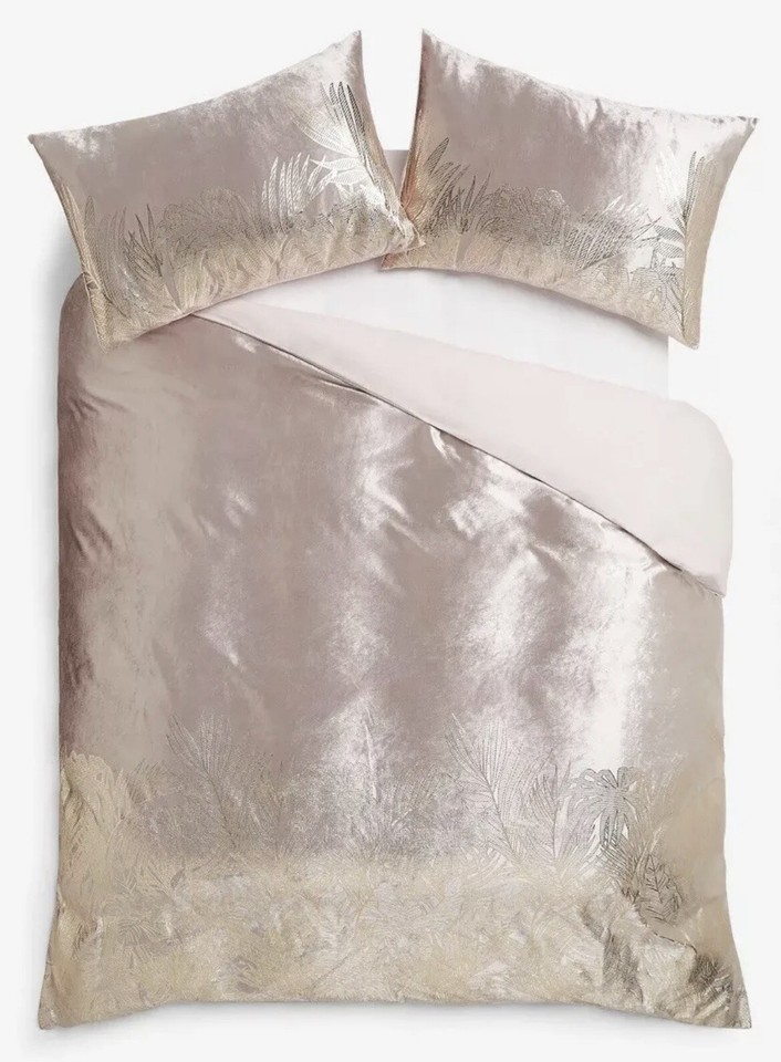 BNWT NEXT LUXURY Bedding Pink & Gold Foil Velvet Palm DOUBLE Duvet