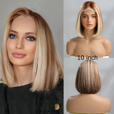 Lace Front Human Hair Wig Brown Blonde Pixie Cut Wig T Lace Front Wig for Women