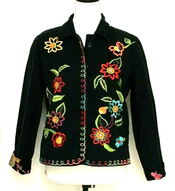HEARTS OF PALM BLAZER SIZE 8 BLACK EMBROIDERED FRONT 3/4 SLEEVE COLORFUL FLORAL - Image 3 of 4