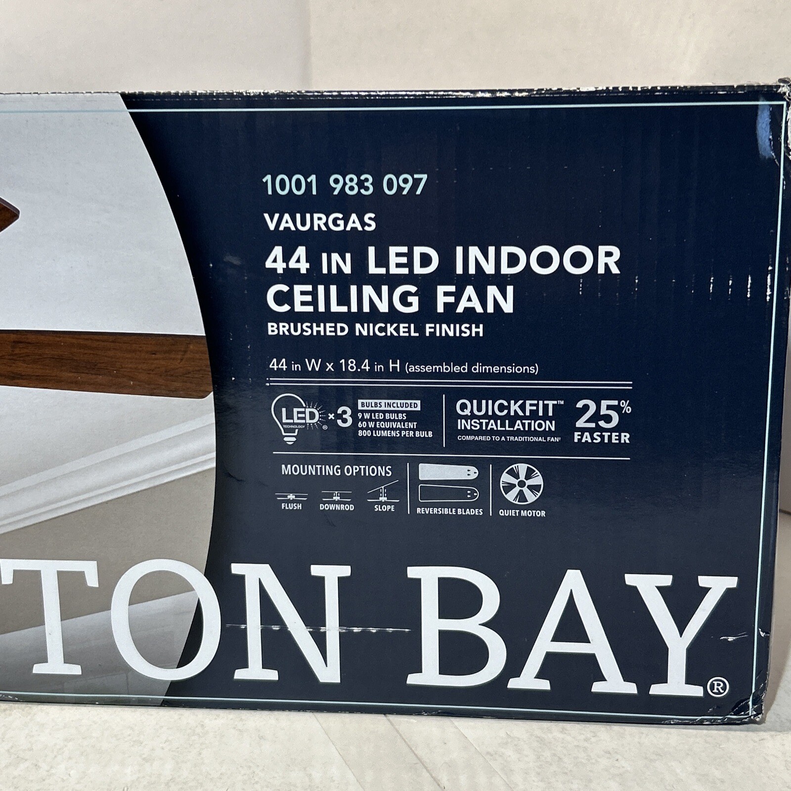 Hampton Bay Vaurgas 44 in. LED Indoor Brushed Nickel Ceiling Fan with