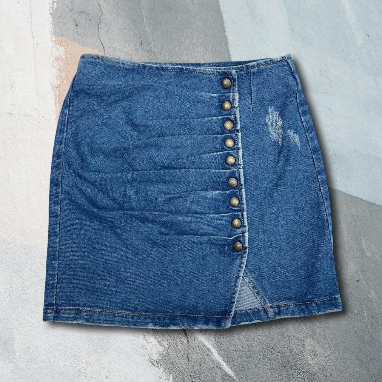 NWOT Retrofête Willa Ruched Denim Mini Jean Skirt Distressed Button Detail Sz XS