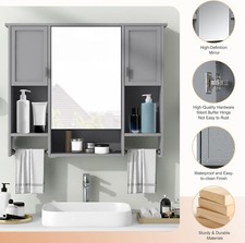 Botiquín de baño con espejo, 3 puertas y estantes abiertos, con toalleros