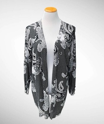 Grace Plus Size Black & White Paisley Patterned Open Tunic Cardigan, Size 1X