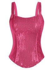 Women s Slim Corset Tank Top Rose Red Sequin Sleeveless M