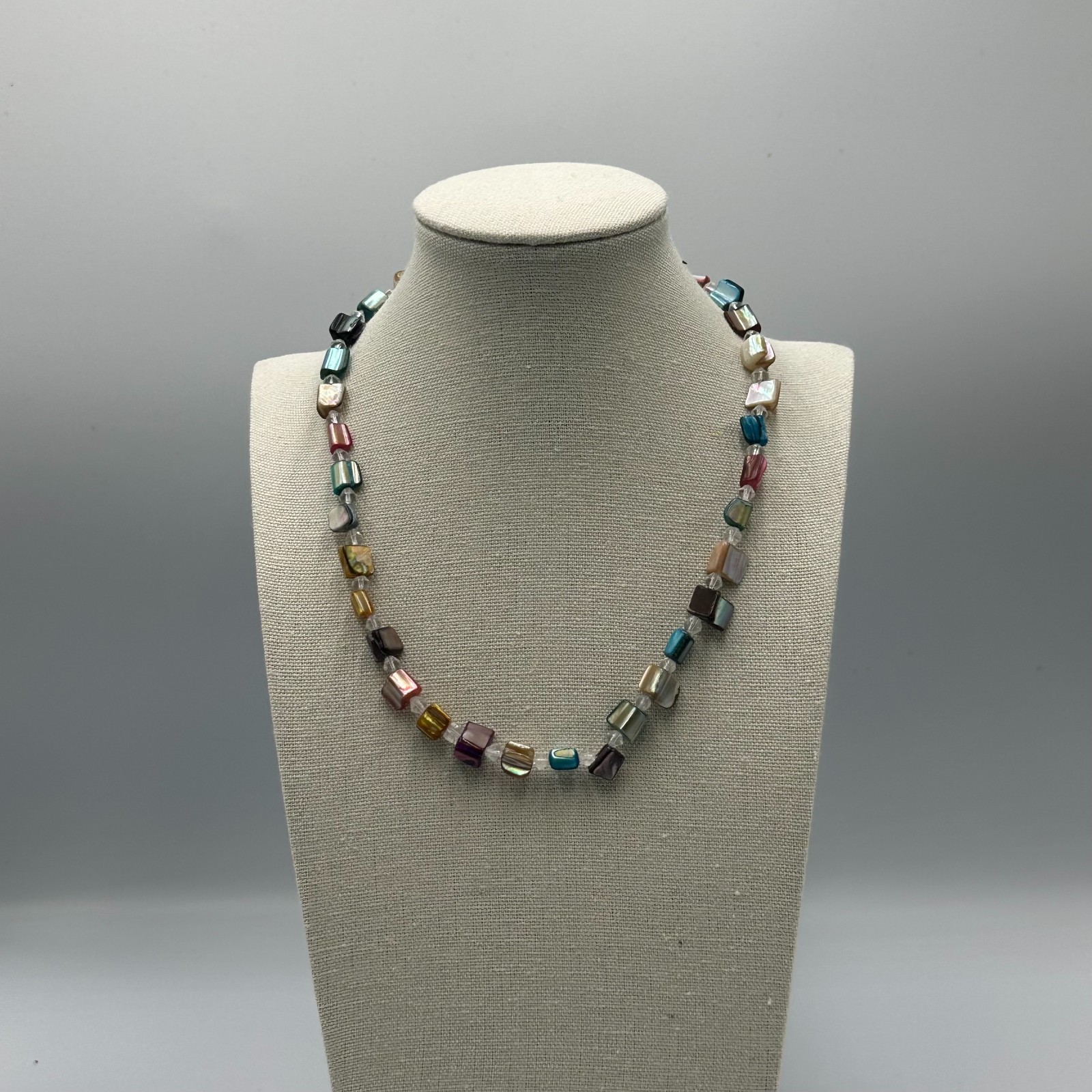 Shell Bead Necklace Multicolor Square Chips Clear… - image 8