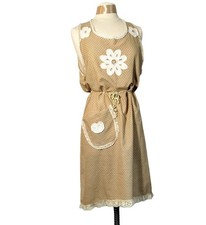 Handmade slip dress, tan cotton, vintage lace, applique prairie pinafore S-XL