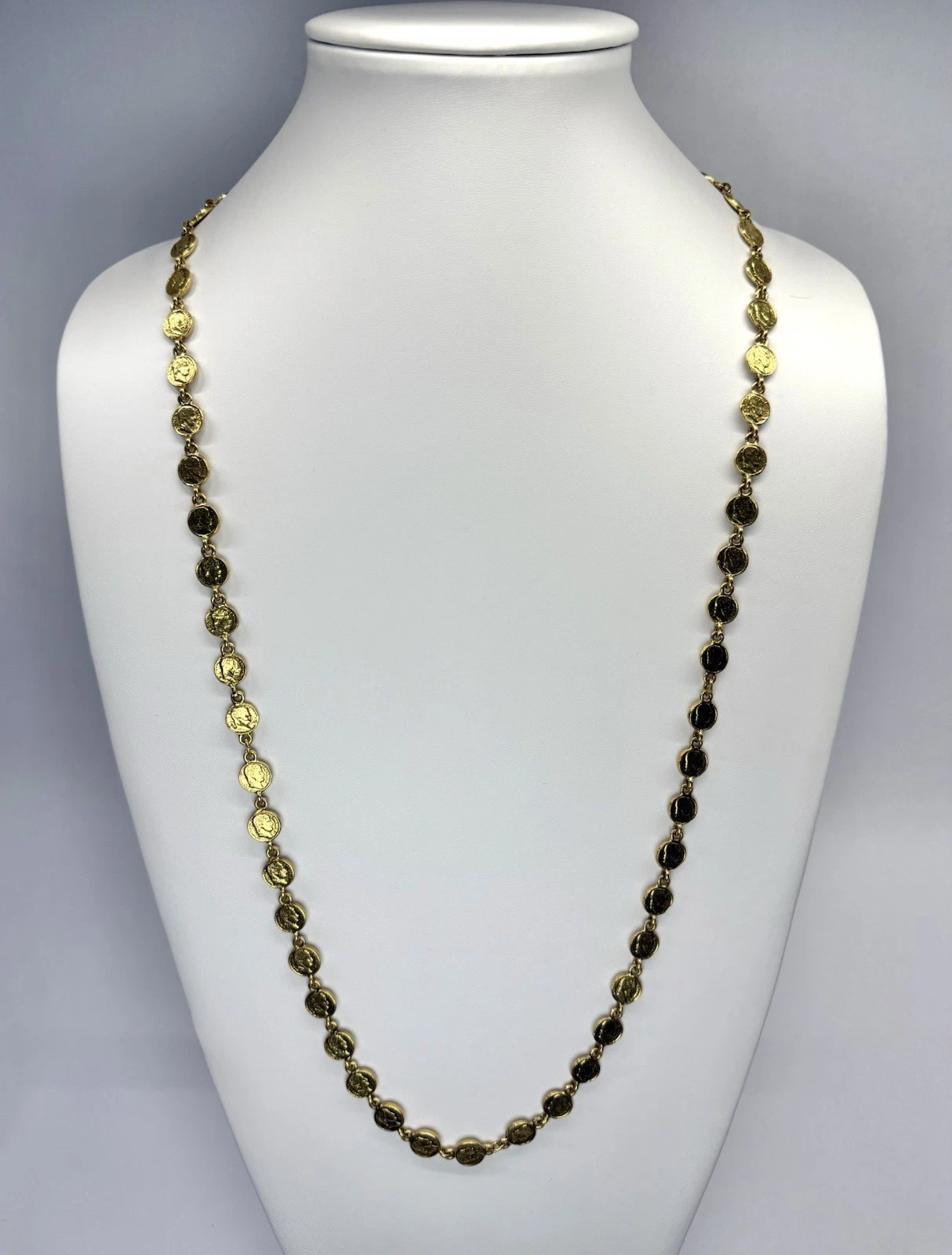 Unsigned Mini Coin Gold Tone Elegant Long Necklace Jewelry 34” N154