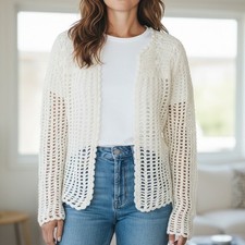 VTG Womens Sweater S Ivory White Crochet Knit Open Cardigan Grandma Cottagecore