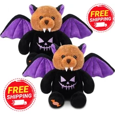 2Pcs Halloween Plush Bear Toys 8" Soft Stuffed Animals in Bat Costume Cute Spook