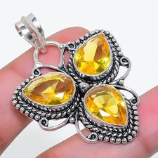 Yellow Citrine Gemstone Handmade 925 Sterling Silver Jewelry Pendant Size 1.8"