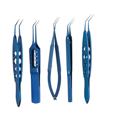 Titanium Coated Microsurgical Forceps Set Blue 5-Pcs Fine Tip Angled Ophthalmic