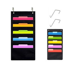 Black Hanging Wall File Organizer 5 Pocket With 2 Hooks Storage Home Office