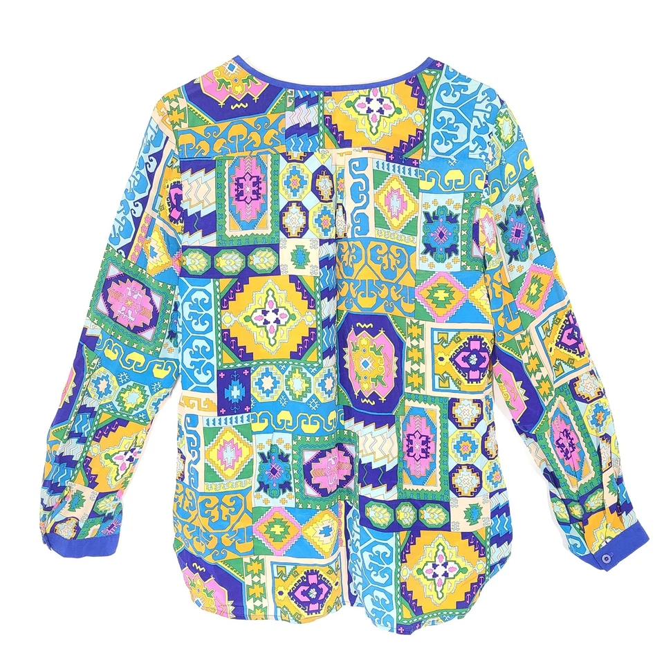 Blusa Trina Turk Abstracta Estampada 100% Seda Camisa Manga Larga Multicolor Talla L Foto 2 de 4
