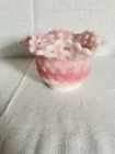 Fenton Basket Weave Pink Slag Glass with Scalloped Open Lace Edge