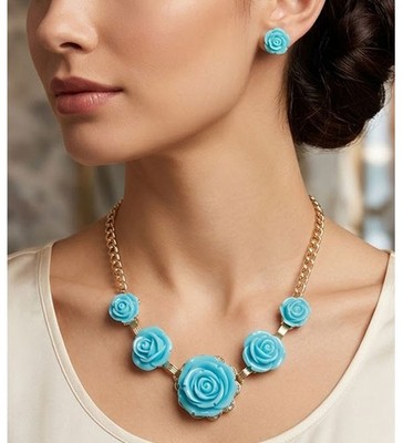 Multi Link Acrylic Roses Statement  Necklace and Earrings Set Blue Goldtone